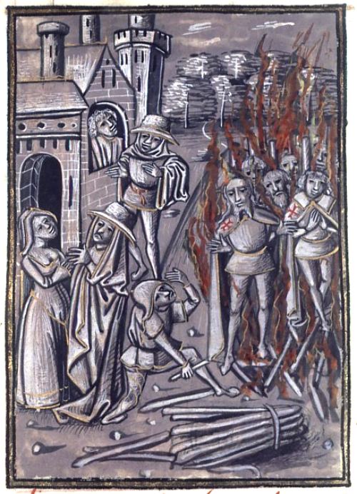Exécution de Templiers. Enluminure extraite de la Chronique dite de Baudouin d'Avesnes (manuscrit n° 279 de la BnF datant du XVe siècle)