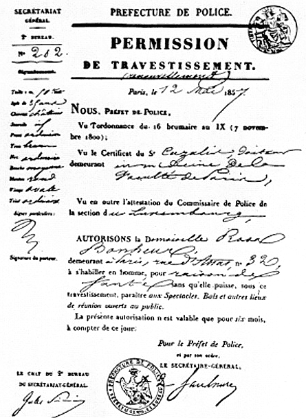 Permission de travestissement accordée à Rosa Bonheur en 1852