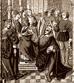 Frédégonde donnant l'ordre d'assassiner Sigebert, roi d'Austrasie. Vitrail de la cathedrale de Tournai, XVe siècle