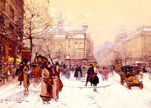 Paris. Place Saint-Michel sous la neige (aquarelle d'Eugène Galien-Laloue)