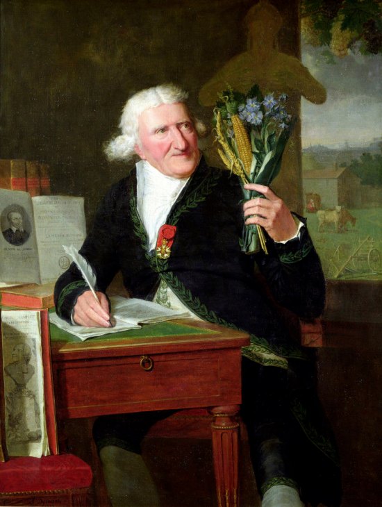Parmentier assis dans son cabinet, en habit d'académicien, tenant un bouquet de toutes les plantes qu'il a étudiées. Peinture de François Dumont (1812)