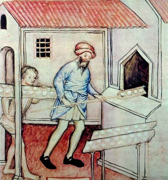 L'apprenti boulanger. Enluminure extraite du Tacuinum sanitatis (vers 1390-1400)