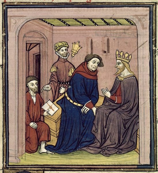 Entrevue du comte d'Artois et du roi Alphonse de Castille. Enluminure extraite des Grandes Chroniques de France (fin du XIVe siècle)