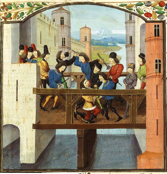 Assassinat de Jean sans Peur au pont de Montereau. Enluminure insérée dans les Chroniques d'Enguerrand de Monstrelet (XVe siècle)