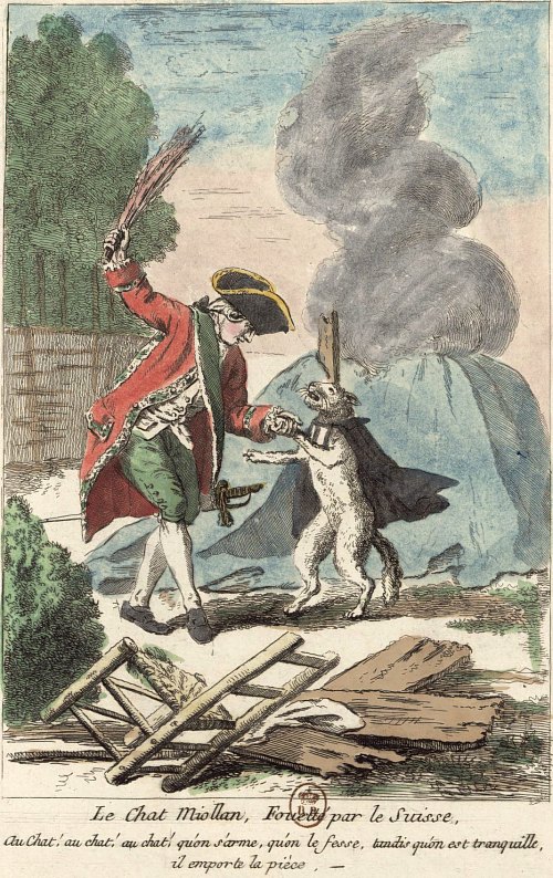 Le chat Miolan fouetté par le Suisse. Caricature parue en 1784
