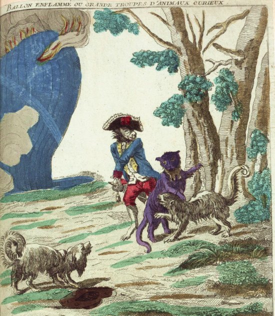Ballon enflammé ou grande troupe d'animaux curieux. Caricature parue en 1784