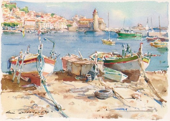 Le port et les barques de pêche (Collioure). Aquarelle de Louis Lasbouygues