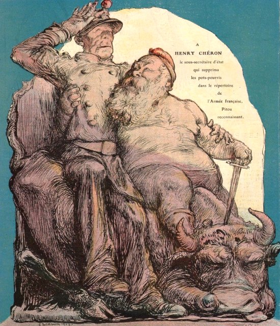 Caricature d'Henry Chéron, alors sous-secrétaire d'État à la guerre, par Léandre (parue dans Le Rire du 9 mai 1908)