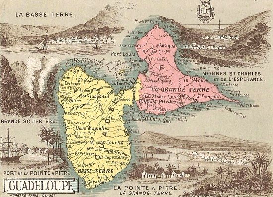 Carte de la Guadeloupe. Chromolithographie du XXe siècle