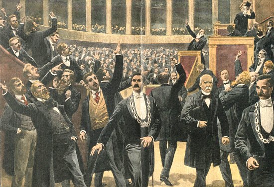 Une séance scandaleuse à la Chambre des députés, lors de laquelle on entendit chanter l'Internationale, la Marseillaise et la Vendéenne. Illustration du Supplément du Petit Journal du 30 mai 1909