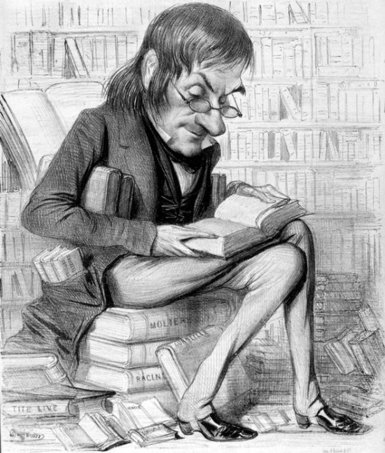 Caricature de Charles Nodier. Lithographie au crayon de Benjamin Roubaud (1811–1847), parue dans Le Charivari du 23 avril 1842
