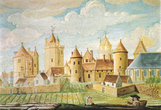 Détail du château de Blandy-les-Tours sur un tableau à la gouache daté de 1707