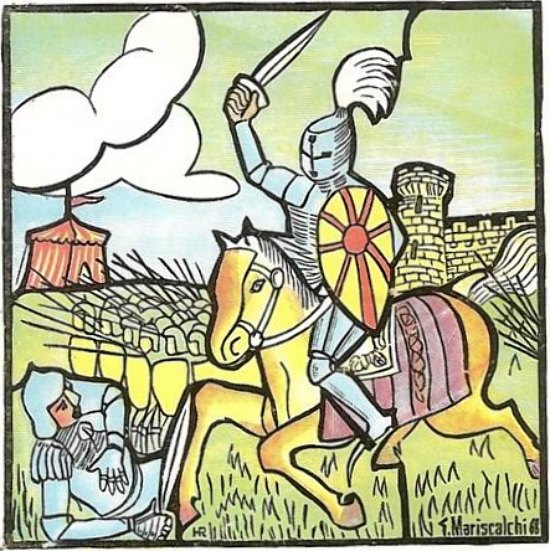 Le connétable Bertrand Du Guesclin à la bataille de Cocherel. Illustration réalisée à l'occasion de l'émission, le 18 novembre 1968, d'un timbre de la série Grands noms de l'histoire