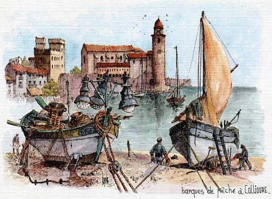 Barques de pêche et église Saint-Vincent (Collioure). Aquarelle originale de Robert Lépine