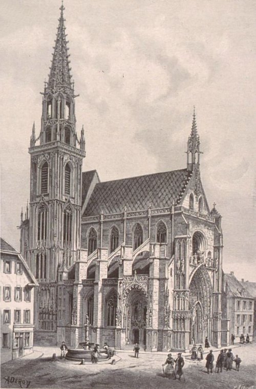 Collégiale Saint-Thiébault de Thann. Gravure d'Isidore Deroy (1889)