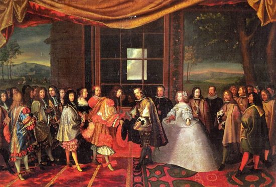 Entrevue de Louis XIV et de Philippe IV d'Espagne sur l'île des Faisans en 1659. Peinture de Jacques Laumosnier