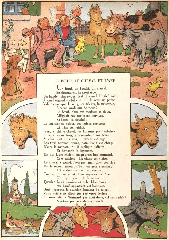 Illustration de la fable Le boeuf, le cheval et l'âne de Florian par Benjamin Rabier (1936)