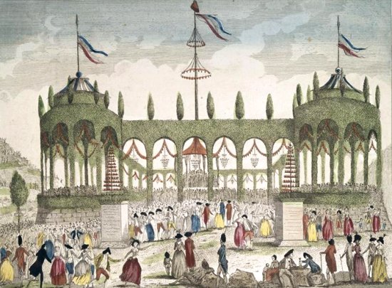 Vue de la décoration et illumination faite sur le terrain de la Bastille pour la Fête de la Fédération du 14 juillet 1790
