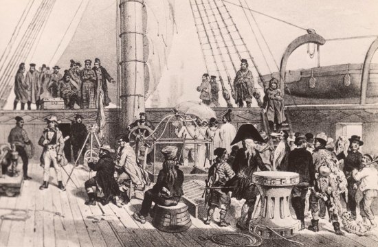 L'équipage de l'Astrolabe fêtant la découverte de la Terre-Adélie. Gravure de 1850