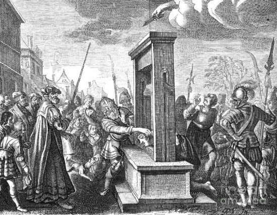 Une guillotine du XVIe siècle. Gravure du temps