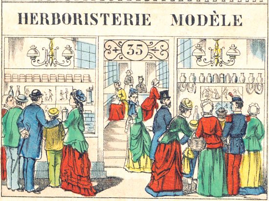E. Rifault, 35 rue Montmartre à Paris : une herboristerie modèle. Image publicitaire de la Maison Pellerin d'Épinal (1882)