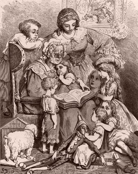 La Lecture des contes en famille. Illustration de Gustave Doré pour le frontispice des Contes de Perrault, édition de 1862