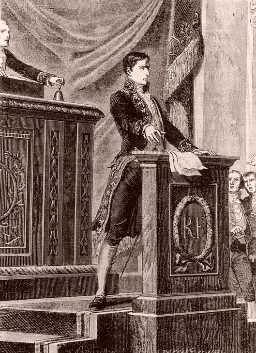 Lucien Bonaparte, frère de Napoléon, défendant vivement au Tribunat le projet de loi sur la légion d'honneur, le 19 mai 1802. Gravure de 1860 réalisée d'après Félix Philippoteaux (1815-1884)