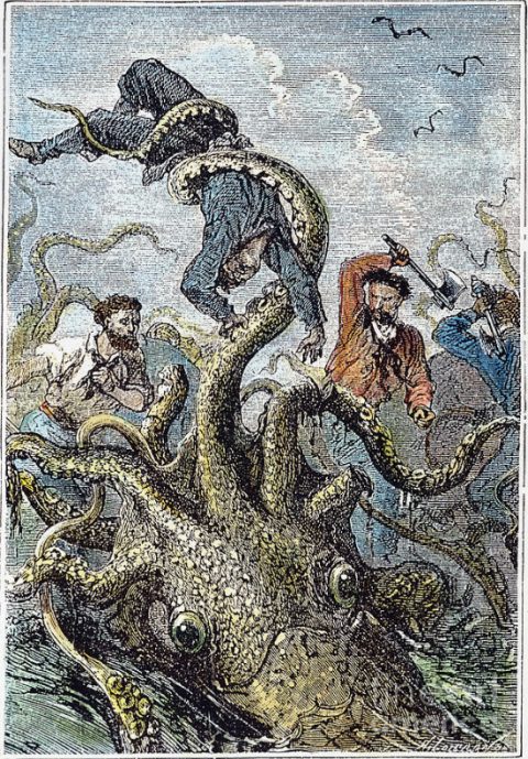 Un marin du capitaine Nemo capturé par un calamar géant. Gravure couleur d'après un dessin d'Alphonse de Neuville extrait d'une édition de 1870 de 20000 lieues sous les mers