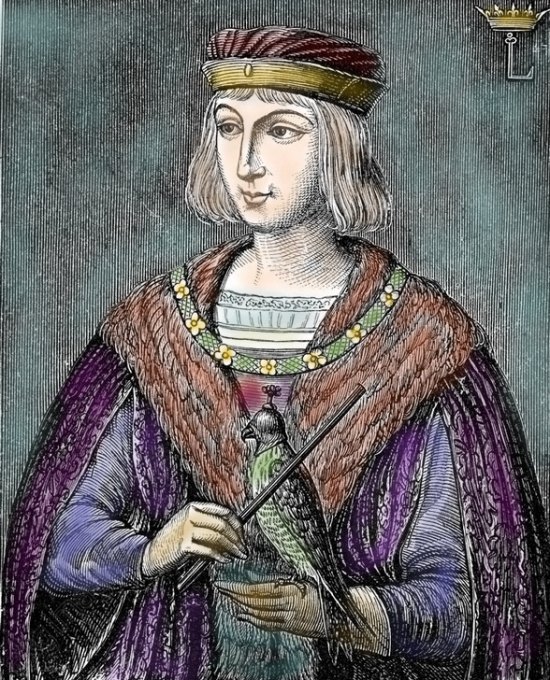 Louis IX. Gravure (colorisée) réalisée d'après une peinture de la Sainte-Chapelle à Paris