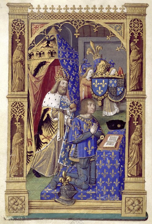 Louis XII priant, sous la protection de Charlemagne (miniature extraite du Livre d'heures de Charles VIII)
