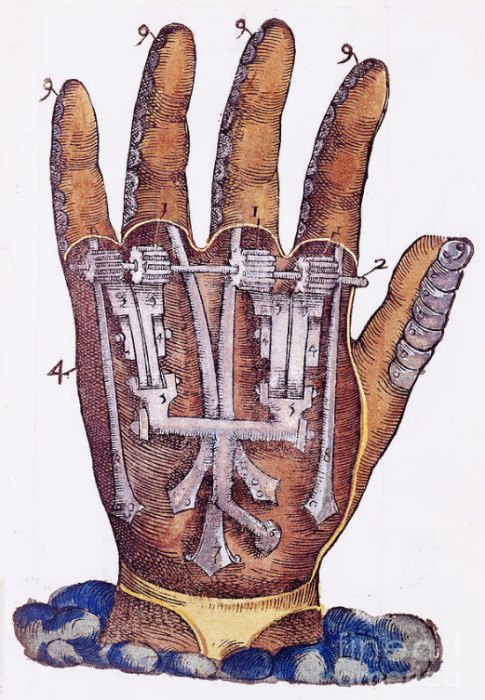 Schéma de la main artificielle imaginée par Ambroise Paré, paru dans Dix livres de la chirurgie avec le magasin des instruments nécessaires à icelle (1564)