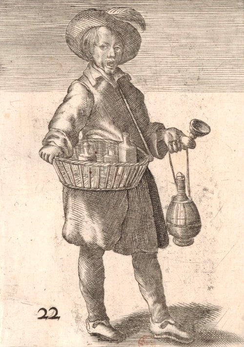 Marchand d'eau-de-vie. Estampe du XVIIe siècle