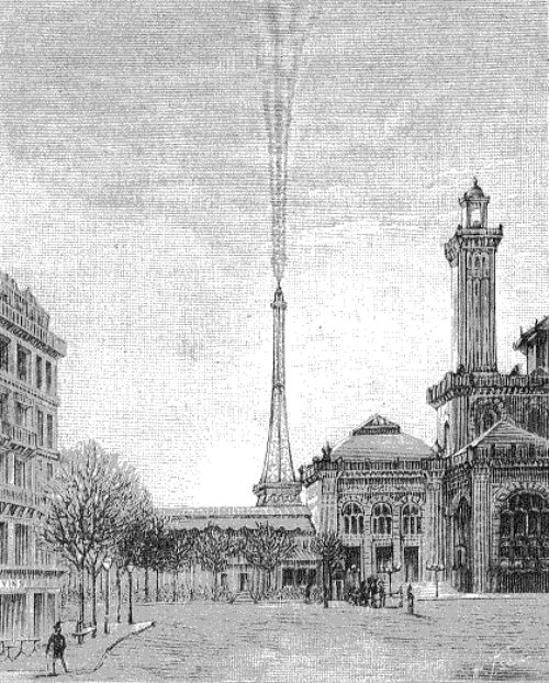La Tour Eiffel réfléchie dans les nuages. Mira observé au Trocadéro le 6 décembre 1889. D'après une gravure publiée par L'Astronomie
