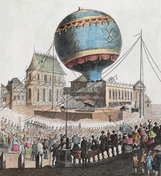 Expérience des frères Montgolfier effectuée le 19 septembre 1783 devant le roi Louis XVI et la cour, avec un ballon de 1 000 m3 qui monte à 600 mètres et parcourt 3,5 kilomètres