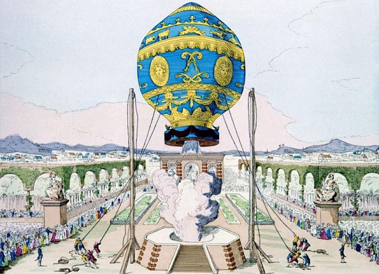 Ascension captive de la première montgolfière habitée dans les jardins de la papeterie Réveillon, le 19 octobre 1783