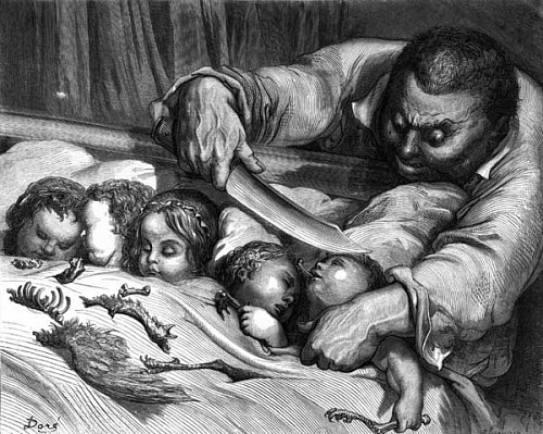L'ogre s'apprête à tuer ses filles. Illustration par Gustave Doré pour Le Petit Poucet