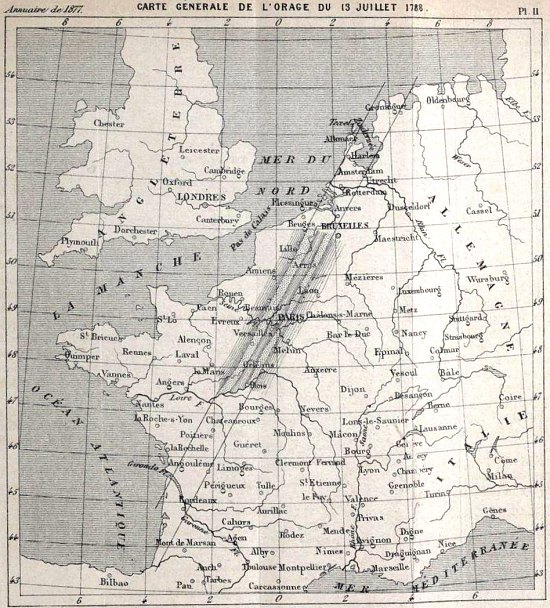 Trajectoire des orages du 13 juillet 1788 et zones dévastées par la grêle