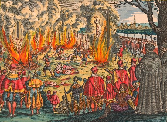 Persécution des protestants durant le règne de François Ier, en 1534. Gravure sur cuivre de Matthäus Merian l'Ancien (1593–1650)