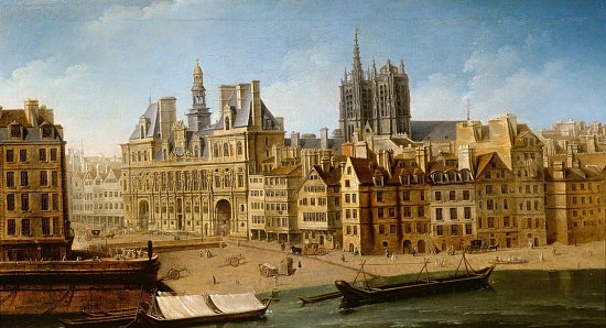 L'Hôtel de Ville et la place de Grève (Paris) — place qui pendant 500 ans, du début du XIVe siècle à la fin du XVIIIe, fut le lieu consacré aux exécutions capitales et aux supplices publics — en 1751, par Jean-Baptiste-Nicolas Raguenet