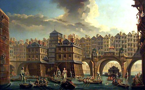 Pont Notre-Dame à Paris. Peinture de Nicolas-Jean-Baptiste Raguenet (1756)