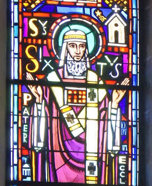 Détail d'un vitrail de l'ancien séminaire de Reims représentant saint Sixte