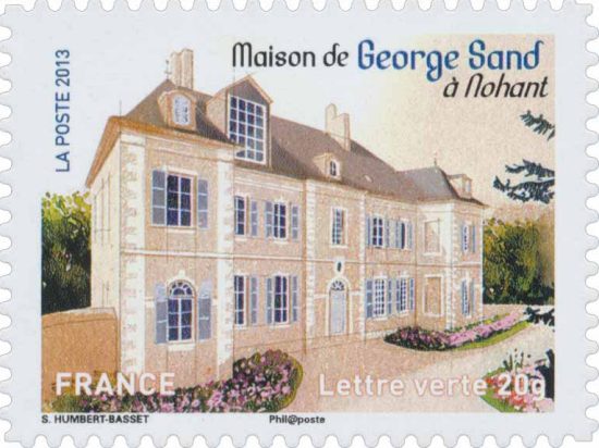 Maison de George Sand à Nohant-Vic (Indre). Timbre émis le 9 septembre 2013 dans la série Patrimoine de France. Dessin de Stéphane Humbert-Basset