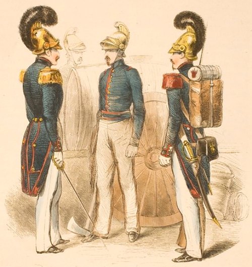 Sapeurs-pompiers du temps de la Monarchie de Juillet (1830-1848). Gravure (colorisée) publiée dans Les Français peints par eux-mêmes paru en 1842