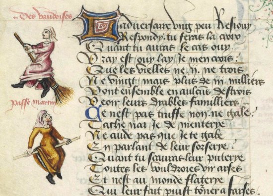 Sorcières chevauchant un balai. Miniature du Champion des dames de Martin Le Franc (1451)