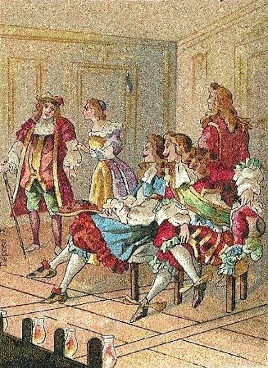 Une représentation sous Louis XIV. Les spectateurs de marque assistaient à la représentation sur la scène, près des acteurs