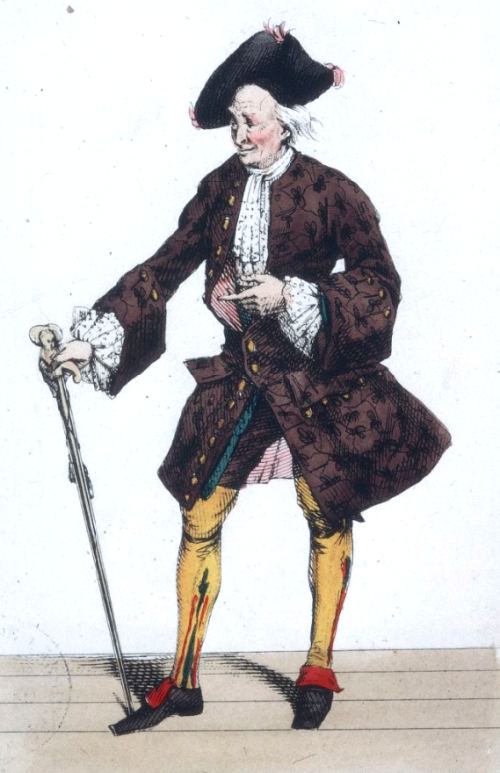 L'acteur Pitrot dans le rôle de Cassandre en 1829, dans l'opéra-comique Le Tableau parlant composé par Anseaume et Grétry (1769)