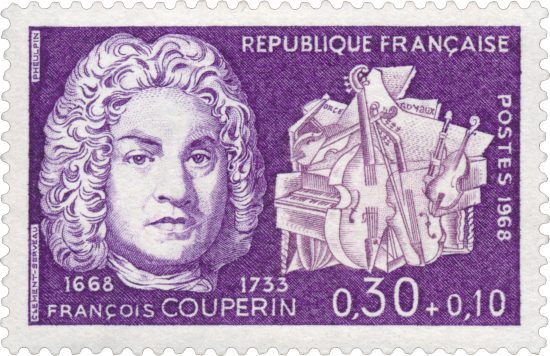 François Couperin le Grand. Timbre émis le 25 mars 1968 dans la série Personnages célèbres. Dessin de Clément Serveau d'après une estampe d'André Bouys (1735)