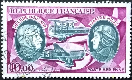 Timbre aux effigies des aviatrices Hélène Boucher et Maryse Hilsz émis en 1972