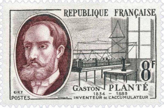 Gaston Planté. Timbre émis le 15 avril 1957 dans la série Savants ou inventeurs français. Dessin de Pierre Béquet