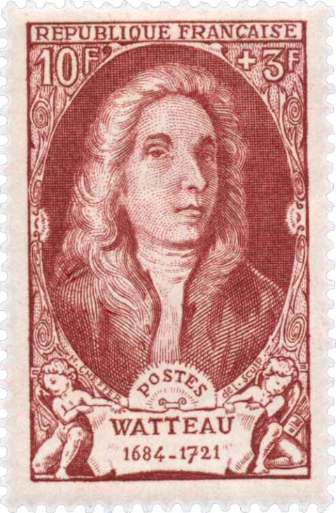 Jean-Antoine Watteau. Timbre émis le 14 novembre 1949 dans la série Personnages célèbres du XVIIIe siècle. Dessin de Henry Cheffer